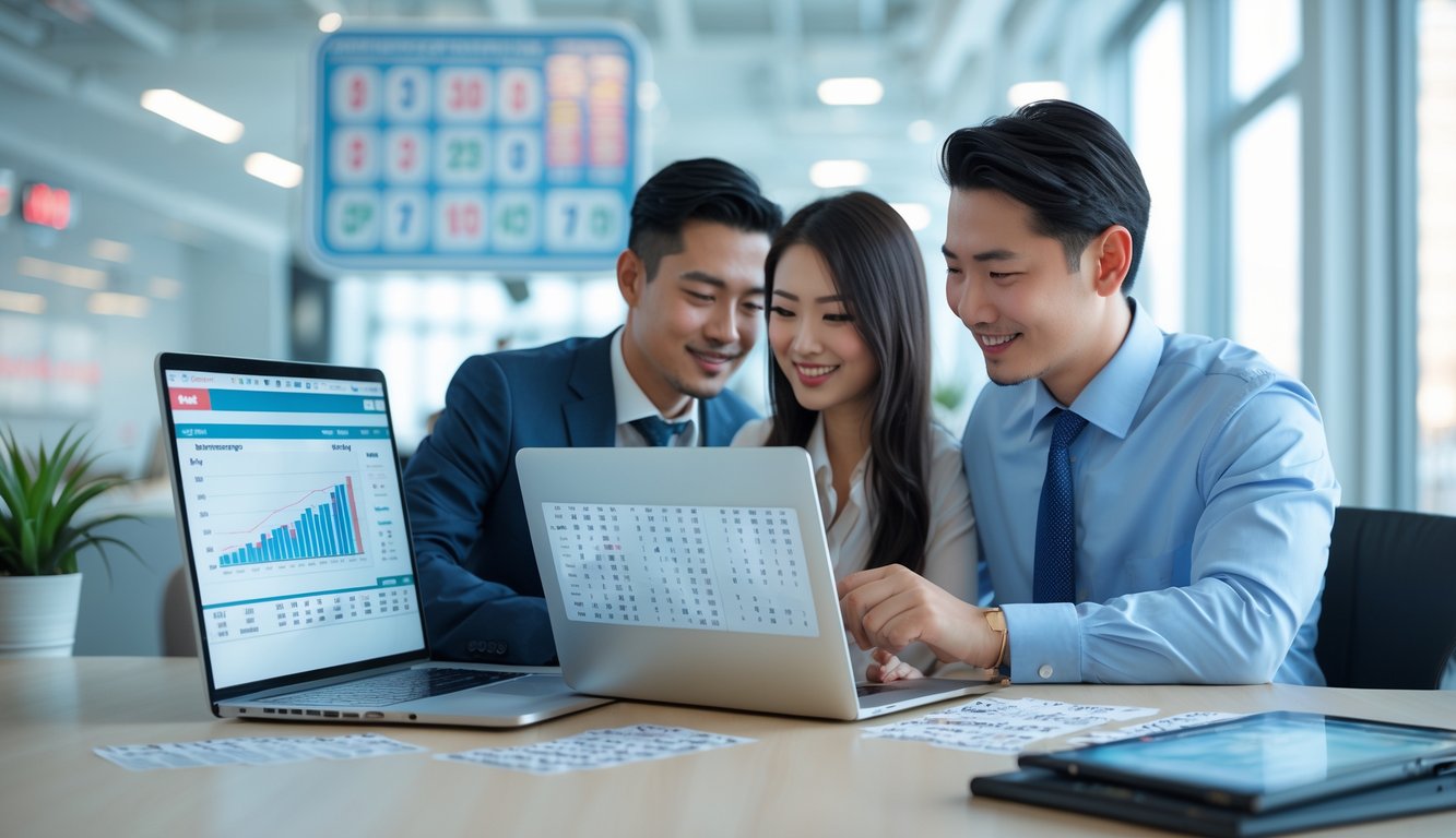 Dua orang profesional sedang bekerja bersama di kantor dengan laptop dan elemen terkait lotere di latar belakang.