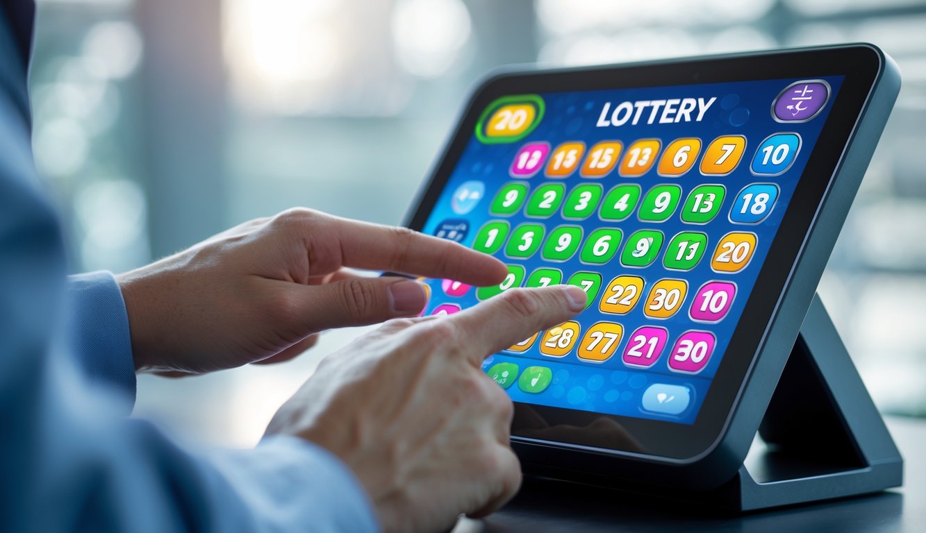 Tangan seseorang sedang menggunakan layar sentuh digital yang menampilkan permainan prediksi angka 2D dengan grid angka berwarna-warni.