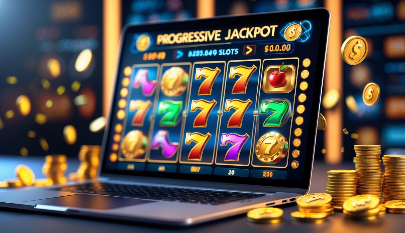 Seorang pengguna bermain mesin slot progresif di komputer dengan layar menampilkan gulungan slot berwarna-warni dan koin virtual.