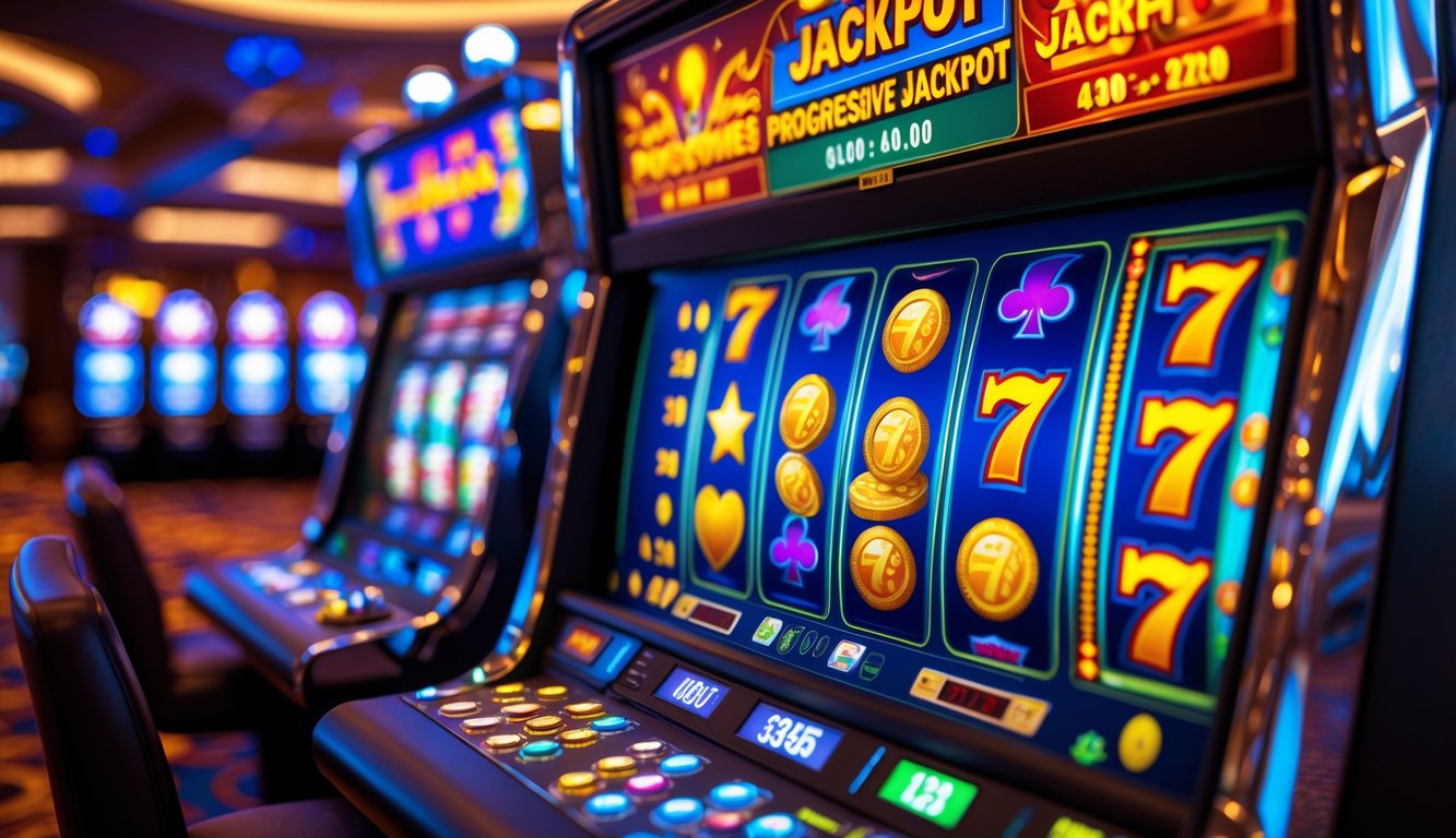 Mesin slot jackpot progresif dengan layar berwarna cerah di dalam kasino yang ramai.