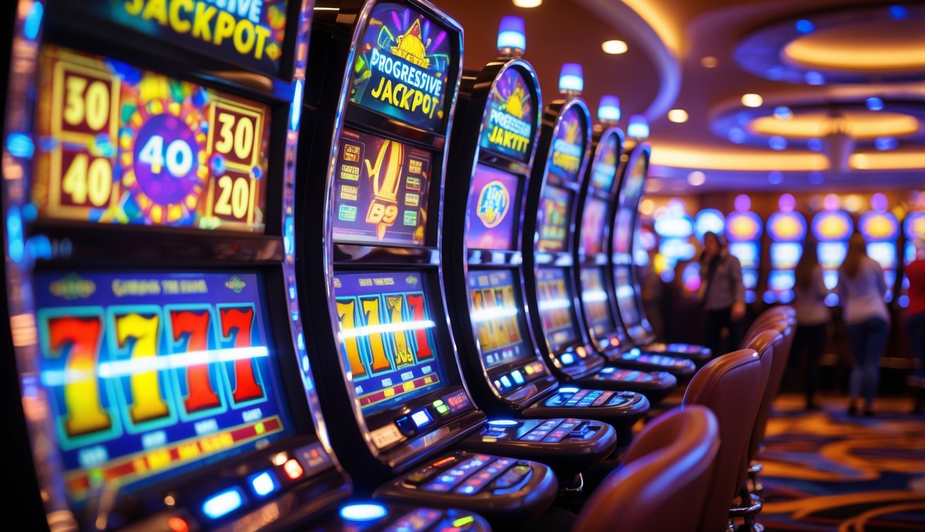 Deretan mesin slot modern yang menyala dengan latar kasino yang ramai dan suasana penuh antusiasme.