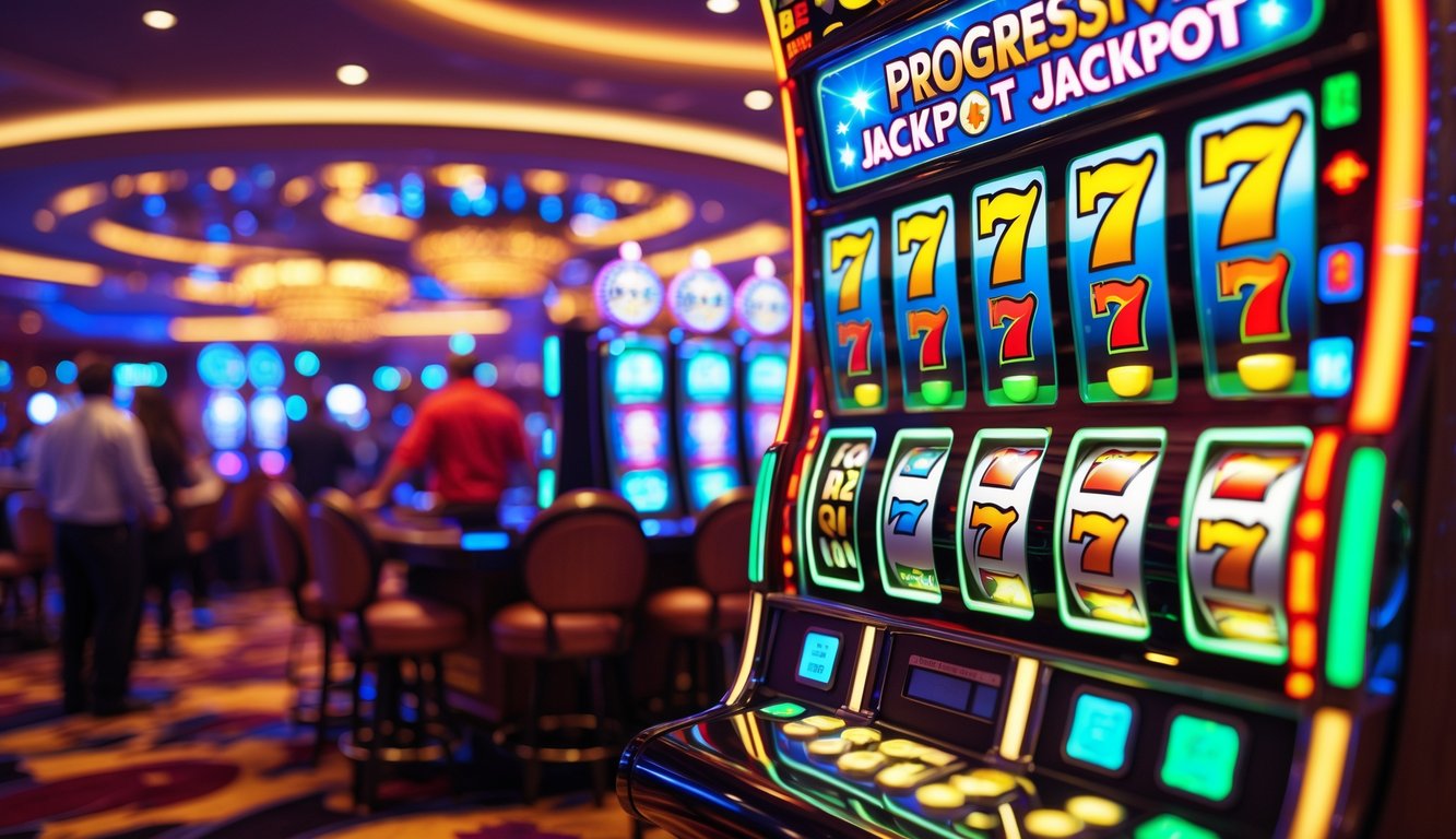 Mesin slot modern dengan lampu terang dan angka jackpot progresif besar di kasino yang ramai.