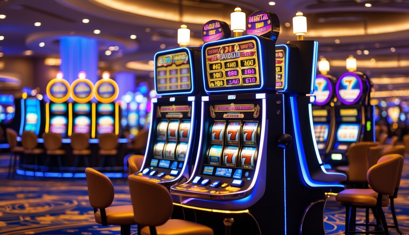 Area mesin slot progresif jackpot di kasino dengan mesin slot berwarna-warni dan lampu terang yang menyala.