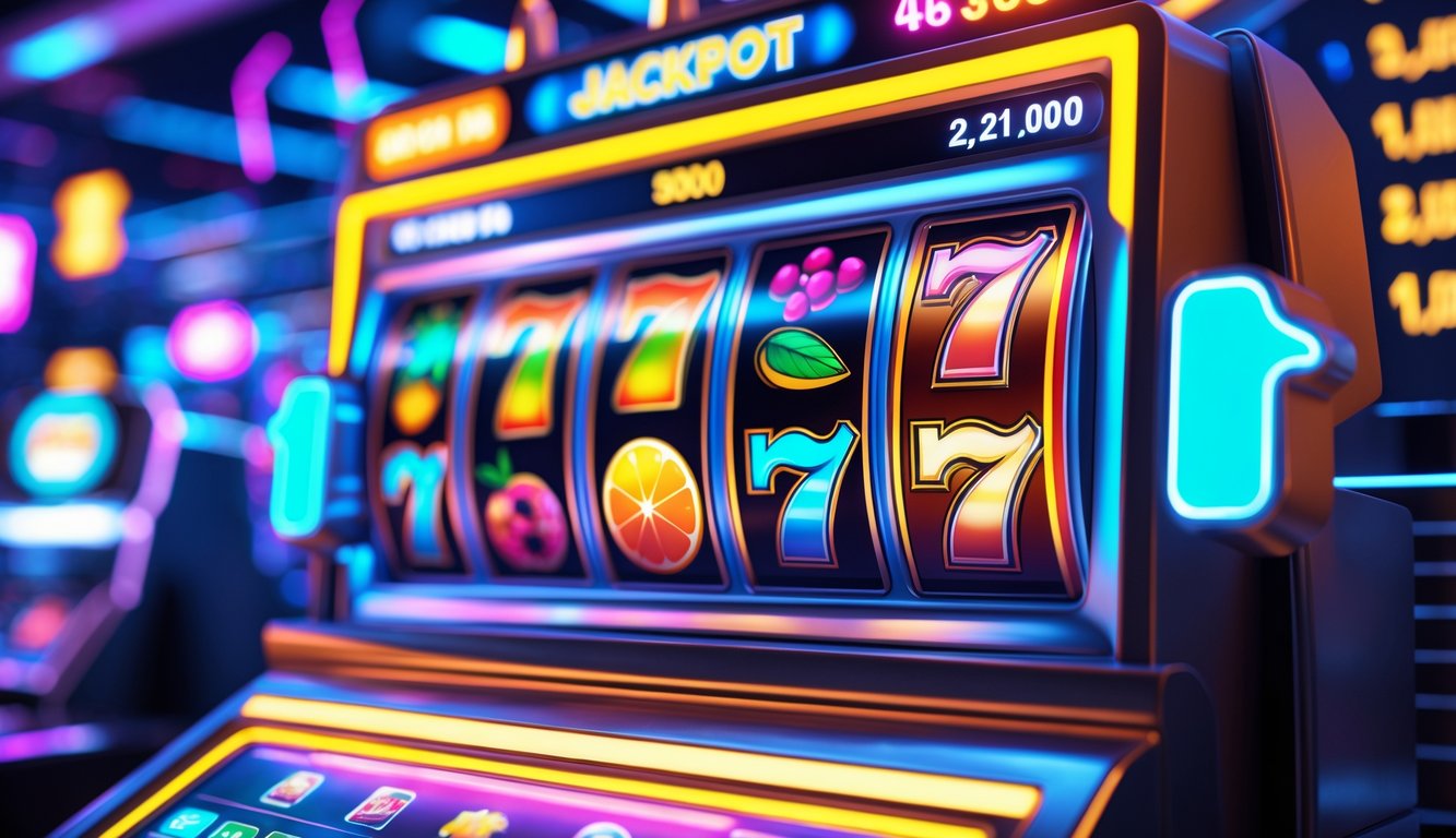 Antarmuka mesin slot online dengan simbol berwarna-warni dan indikator jackpot progresif yang meningkat.