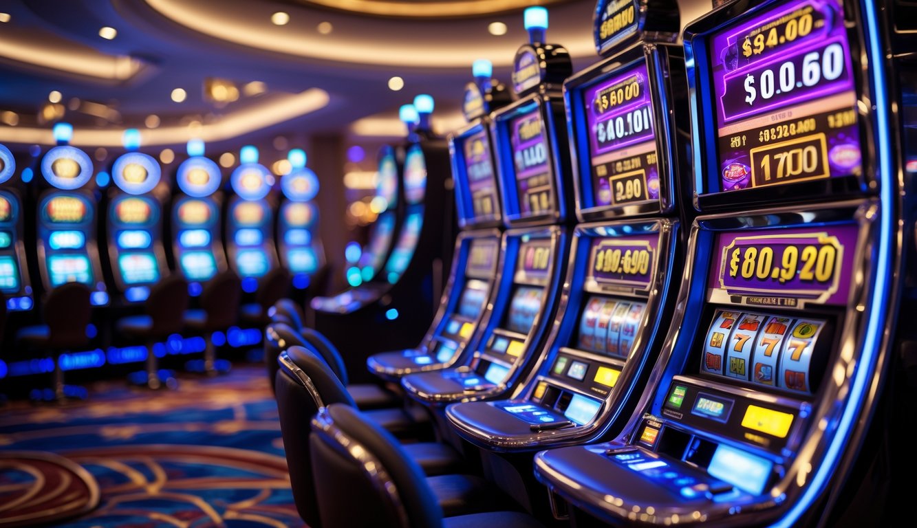 Deretan mesin slot progresif dengan lampu warna-warni di dalam kasino yang modern dan terang.