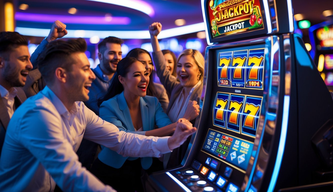 Orang-orang bersemangat merayakan kemenangan jackpot progresif di mesin slot di dalam kasino.