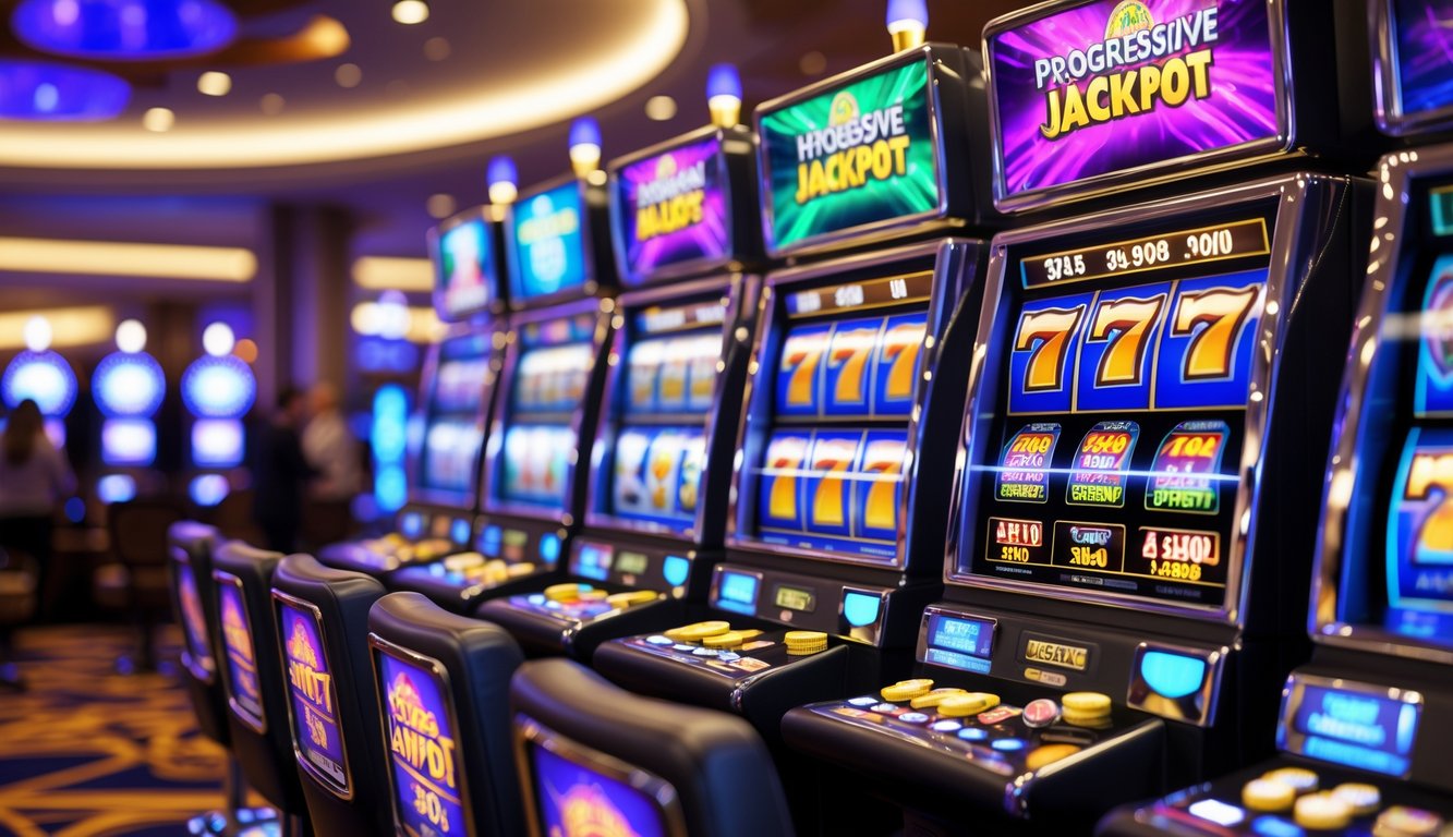Area kasino dengan beberapa mesin slot modern yang menyala dan menampilkan simbol jackpot, dengan suasana mewah dan pencahayaan terang.