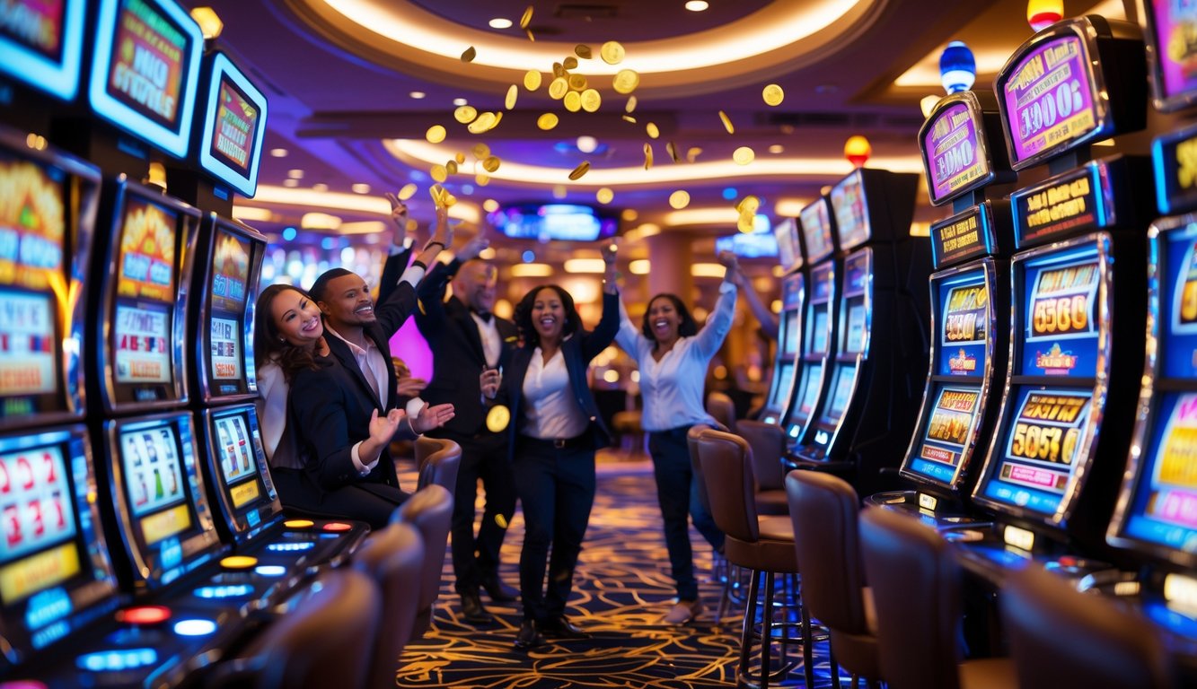 Area mesin slot di kasino dengan lampu berwarna-warni dan pemain yang sedang merayakan kemenangan besar.