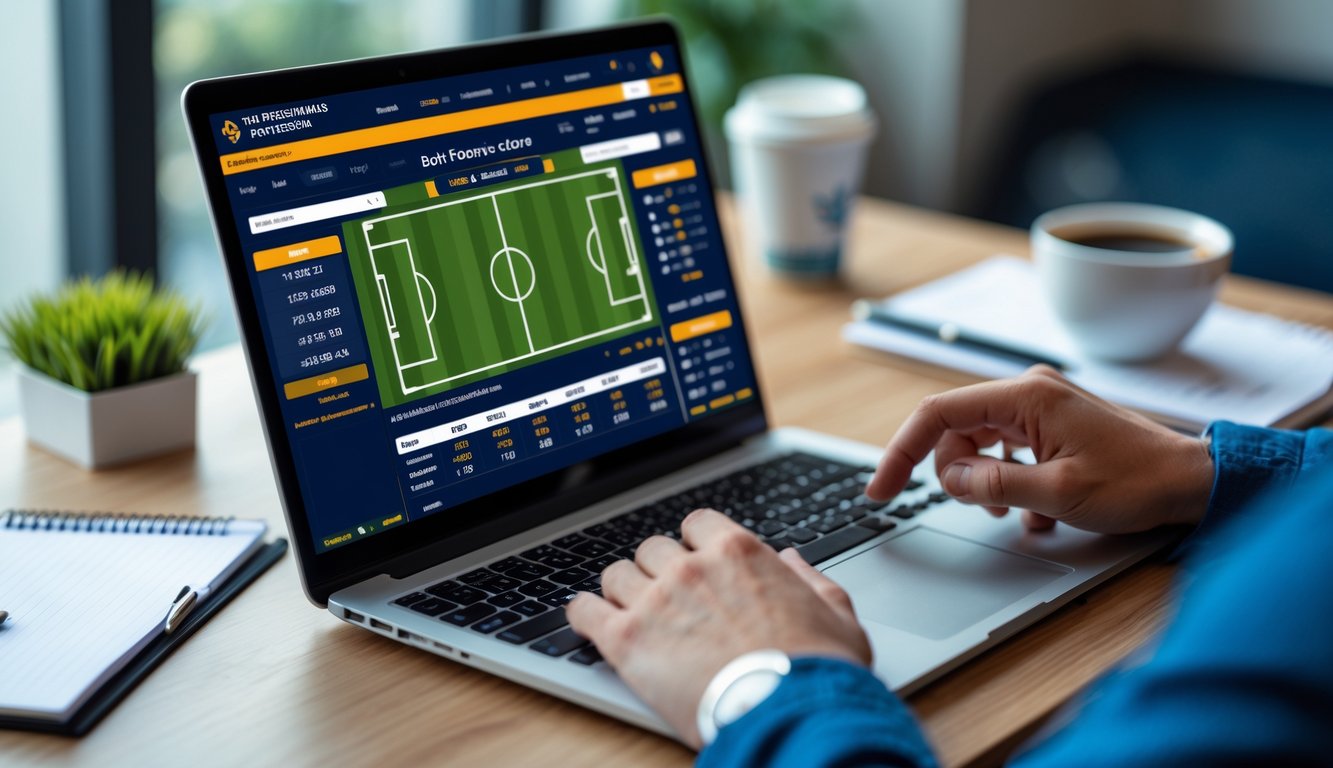 Seseorang menggunakan laptop di meja kerja dengan tampilan situs taruhan olahraga online yang menampilkan statistik pertandingan sepak bola.
