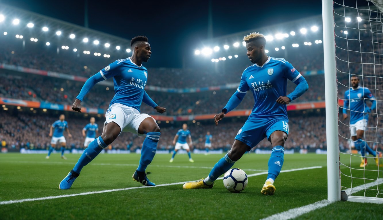 Dua pemain sepak bola dari tim berbeda sedang beraksi di lapangan dengan penonton di tribun stadion.