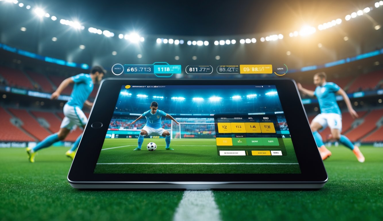 Dua pemain sepak bola dari tim berbeda sedang beraksi di lapangan hijau dengan layar digital menampilkan pertandingan sepak bola dan grafik peluang taruhan.