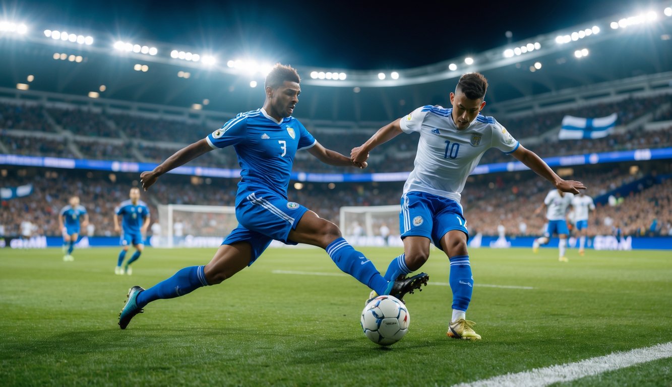 Dua pemain sepak bola dari tim berbeda sedang beraksi di lapangan hijau dengan penonton ramai di latar belakang.
