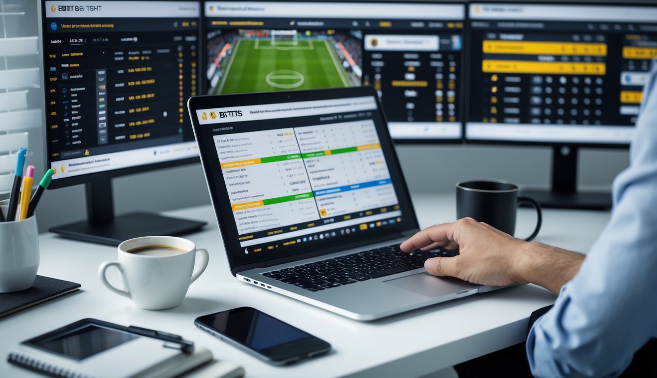 Seseorang bekerja di depan laptop dengan layar menampilkan statistik sepak bola dan skor pertandingan, dikelilingi oleh beberapa layar yang menunjukkan sorotan pertandingan dan peluang taruhan.