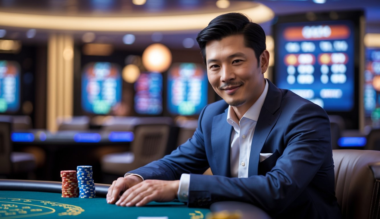 Seorang pria Asia berpakaian rapi duduk di meja judi dengan latar belakang chip poker dan kartu bermain.