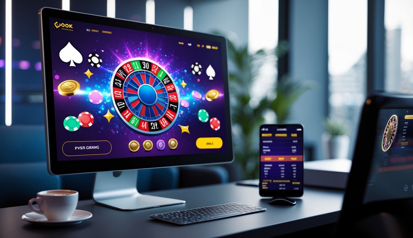 Suasana ruang kerja modern dengan komputer menampilkan permainan kasino online dan elemen terkait judi daring.