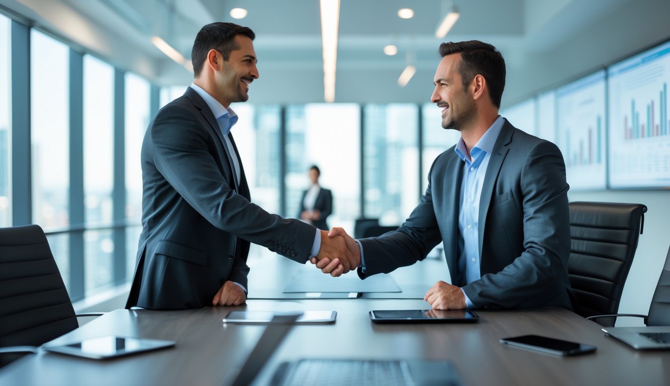 Dua orang bisnis berjabat tangan di ruang konferensi modern yang terang dengan perabotan rapi dan perangkat digital di atas meja.