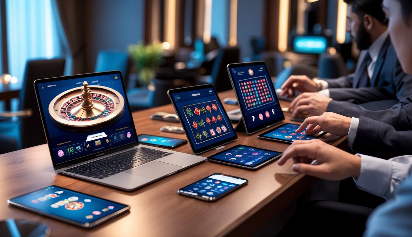 Beberapa orang menggunakan perangkat digital untuk bermain permainan kasino online di ruangan yang modern dan nyaman.