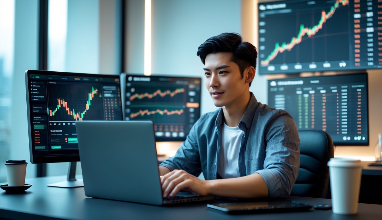 Seorang dewasa muda duduk di meja modern dengan beberapa layar komputer menampilkan grafik dan angka, menggunakan laptop dan ponsel di ruang kantor yang terang dan rapi.