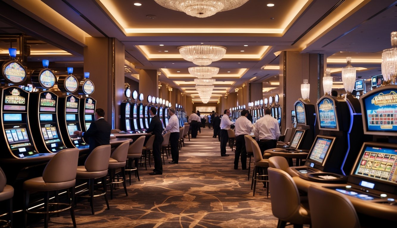Interior kasino modern dengan mesin slot dan meja permainan, pemain sedang bermain dengan suasana mewah dan terang.