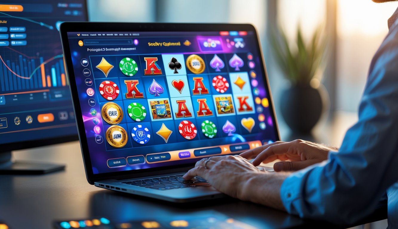 Seseorang menggunakan laptop dengan tampilan permainan kasino online di meja kerja modern.