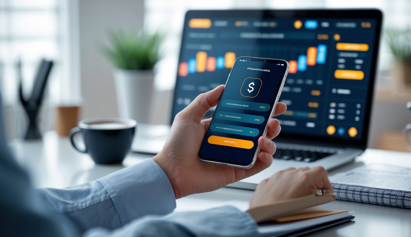 Tangan memegang ponsel dengan layar konfirmasi pembayaran digital di meja kerja dengan laptop dan cangkir kopi.