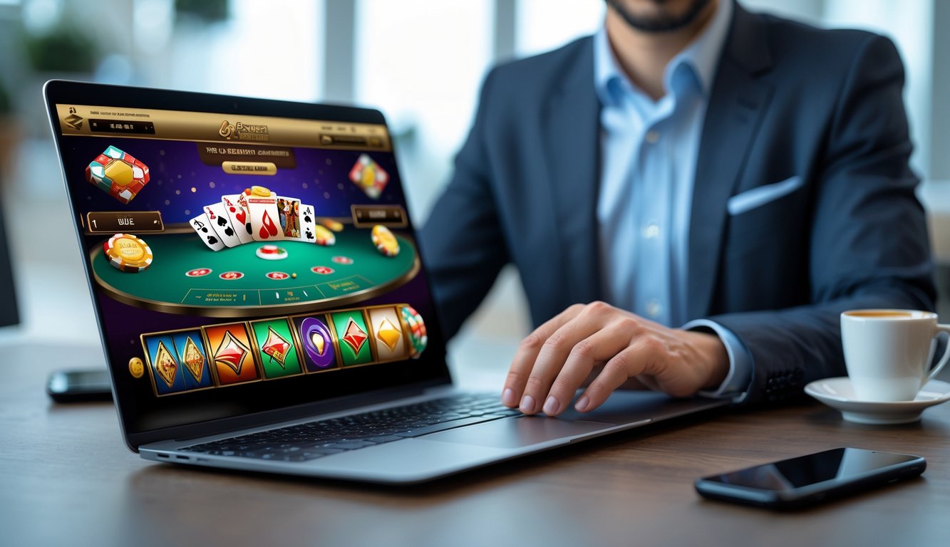 Seseorang menggunakan laptop dengan tampilan permainan judi online di meja kerja yang rapi dan terang.