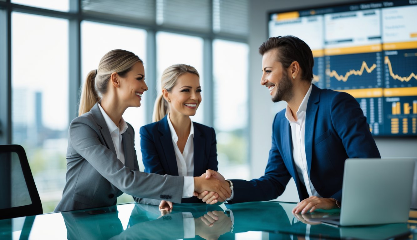Dua profesional bisnis berjabat tangan di kantor modern dengan latar belakang jendela besar dan layar digital menampilkan grafik keuangan.