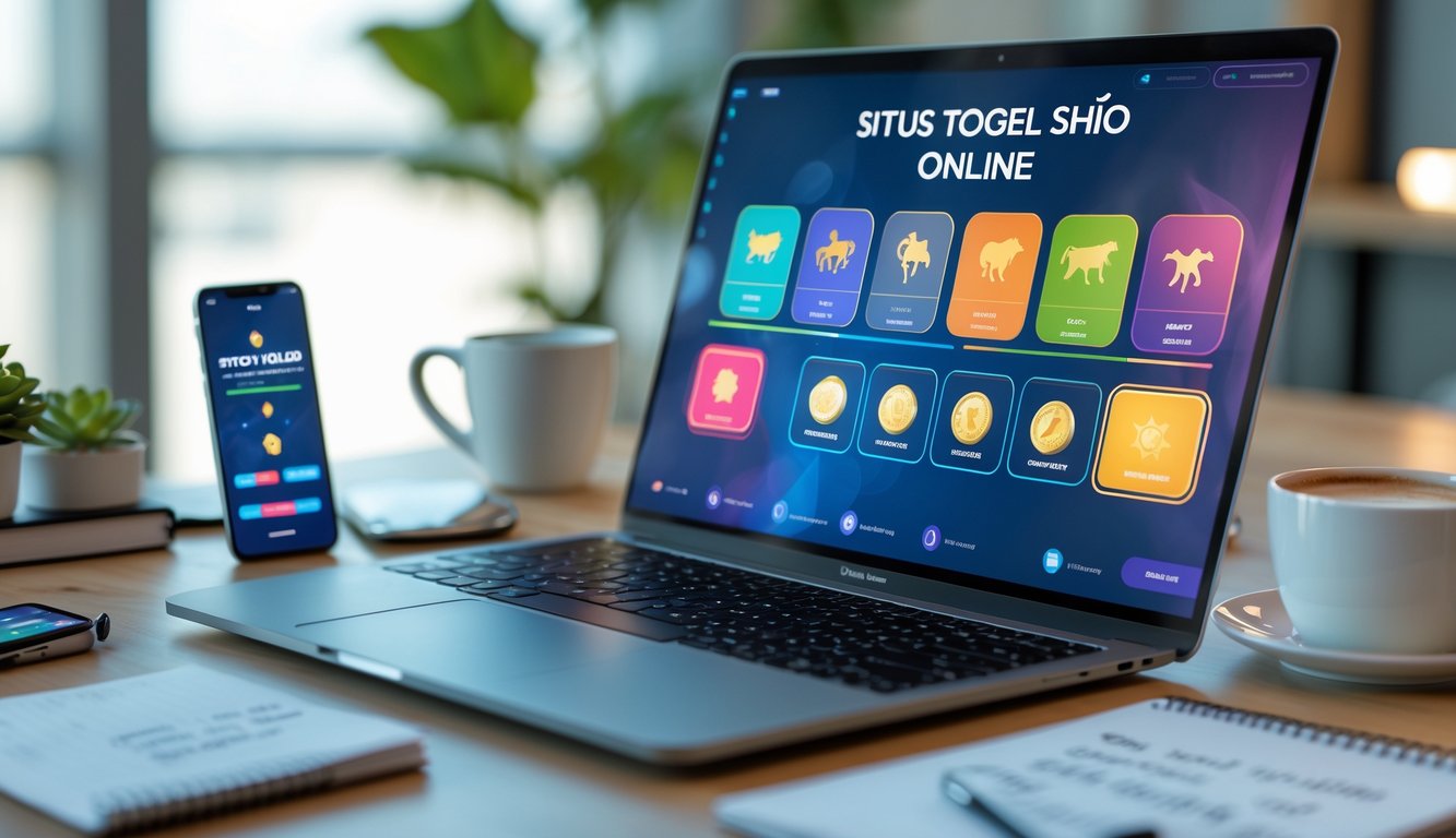 Seorang pengguna bekerja dengan laptop dan ponsel yang menampilkan antarmuka situs togel shio online di meja kerja yang rapi.