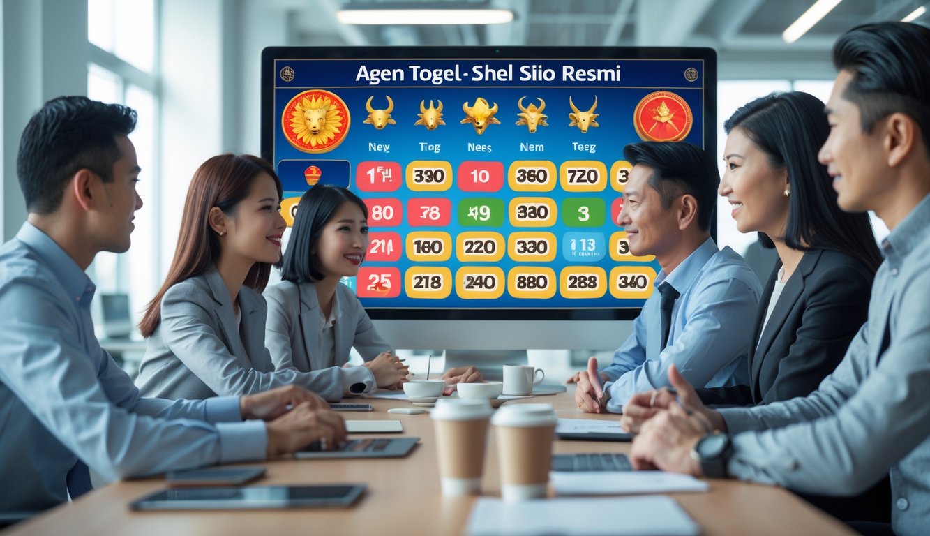 Sekelompok orang sedang berdiskusi di kantor modern dengan layar digital yang menampilkan simbol shio dan angka togel.