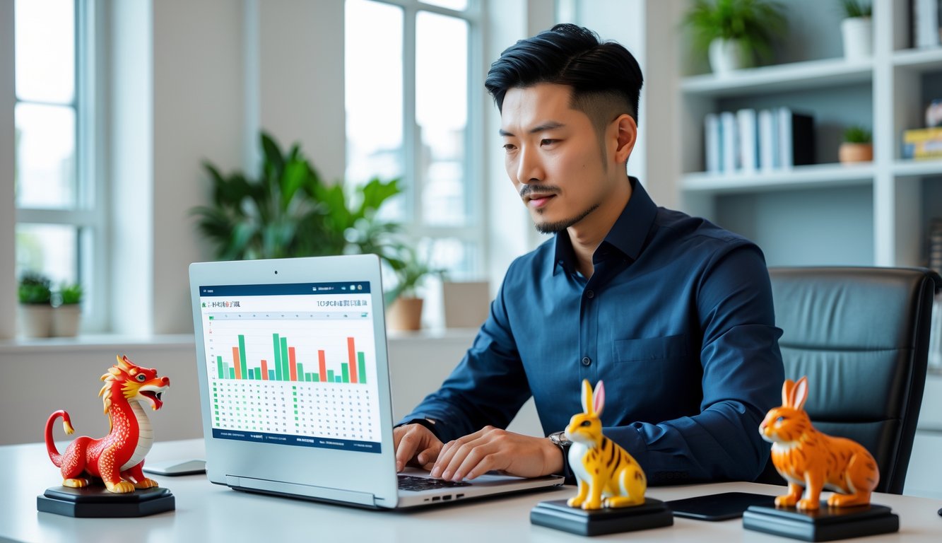 Seorang pria Asia duduk di meja kantor modern dengan laptop dan figur hewan shio di sekitarnya, terlihat fokus dan serius.