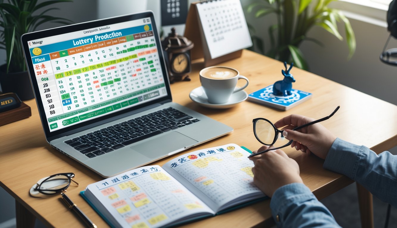 Meja kerja modern dengan laptop, buku catatan, dan dekorasi bertema shio, menunjukkan suasana fokus dan analisis.