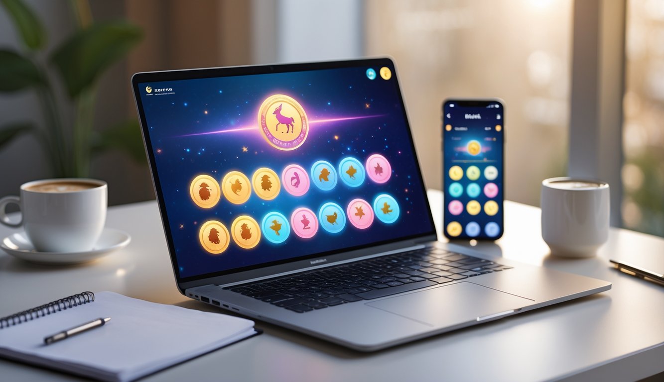 Seorang pengguna duduk di depan laptop dengan layar menampilkan ikon shio dan angka togel, di meja terdapat kopi dan ponsel, suasana profesional dan nyaman.