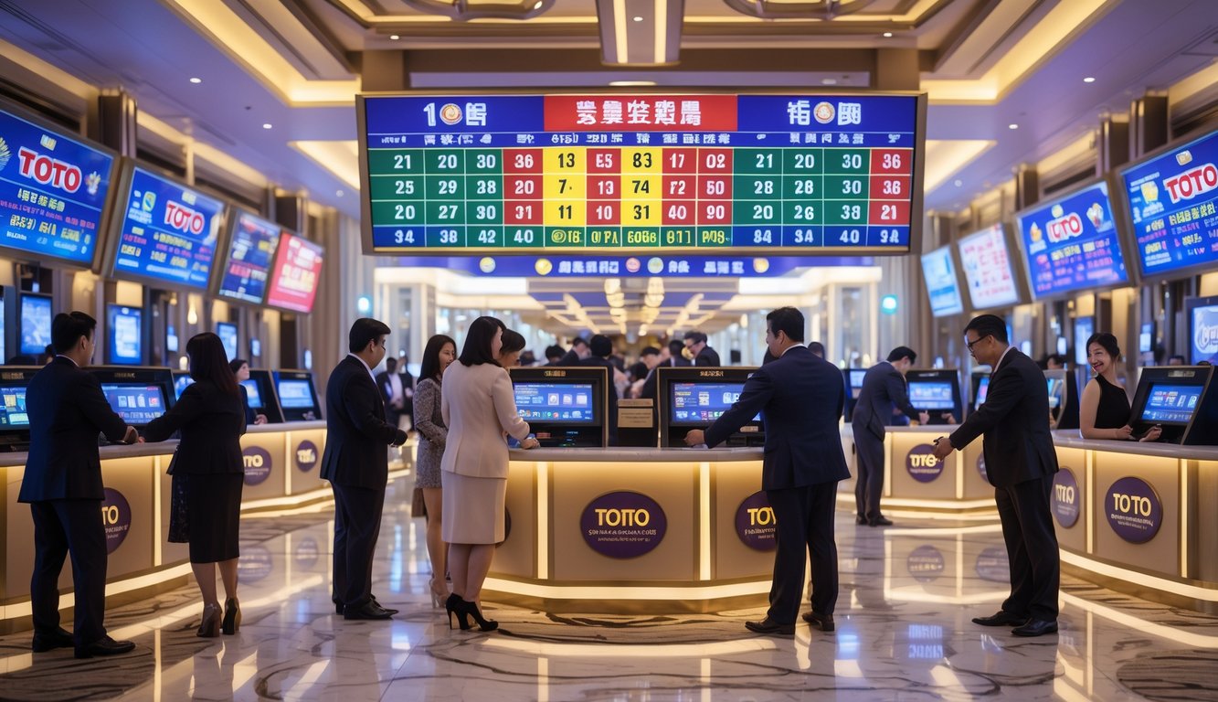 Orang-orang di dalam kasino Macau yang sedang memasang taruhan Toto dengan layar digital dan suasana mewah.