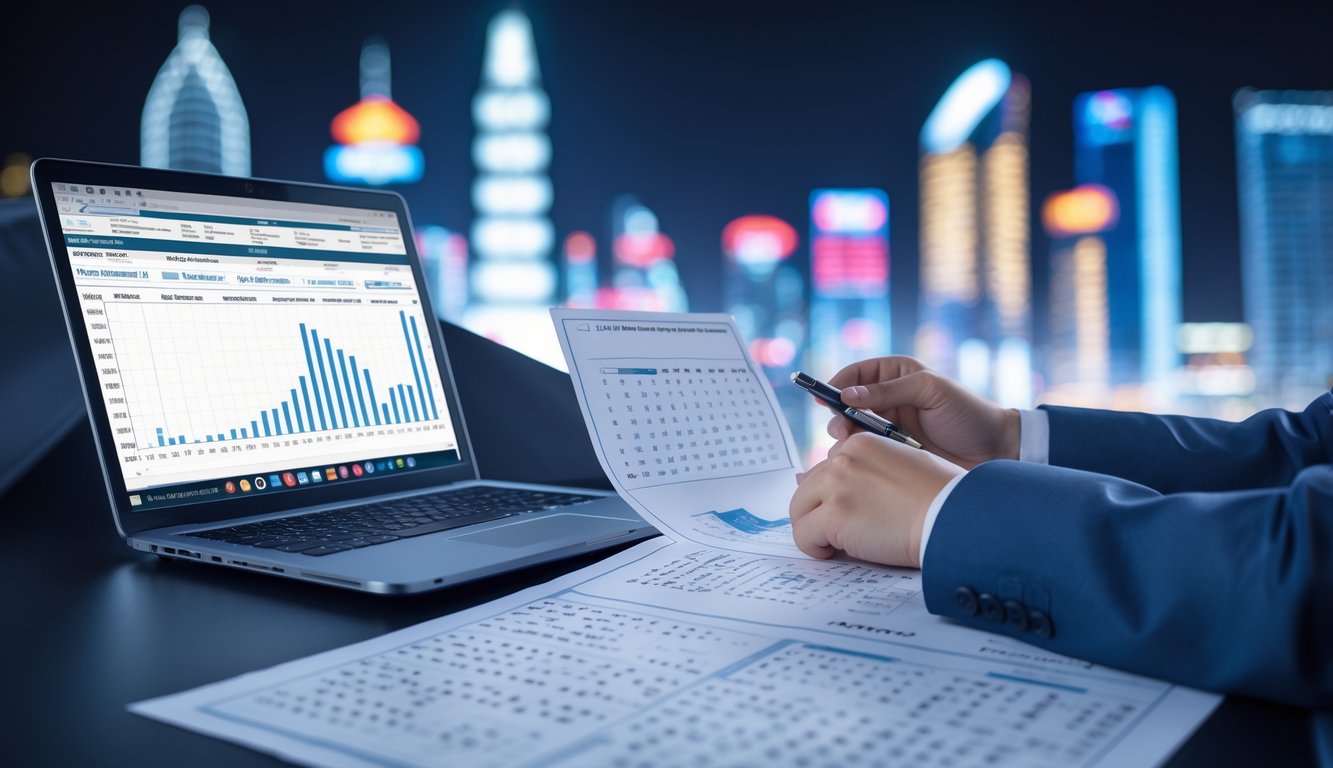 Seseorang sedang menganalisis data angka di meja kerja dengan laptop dan kertas di sekitar, latar belakang menunjukkan siluet kota Macau.