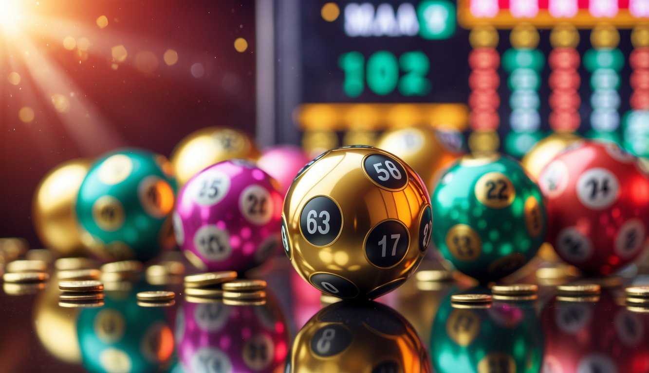 Beberapa bola lotere berwarna-warni dengan angka terlihat jelas di atas permukaan mengkilap, dengan latar belakang tiket lotere dan papan skor digital yang samar.