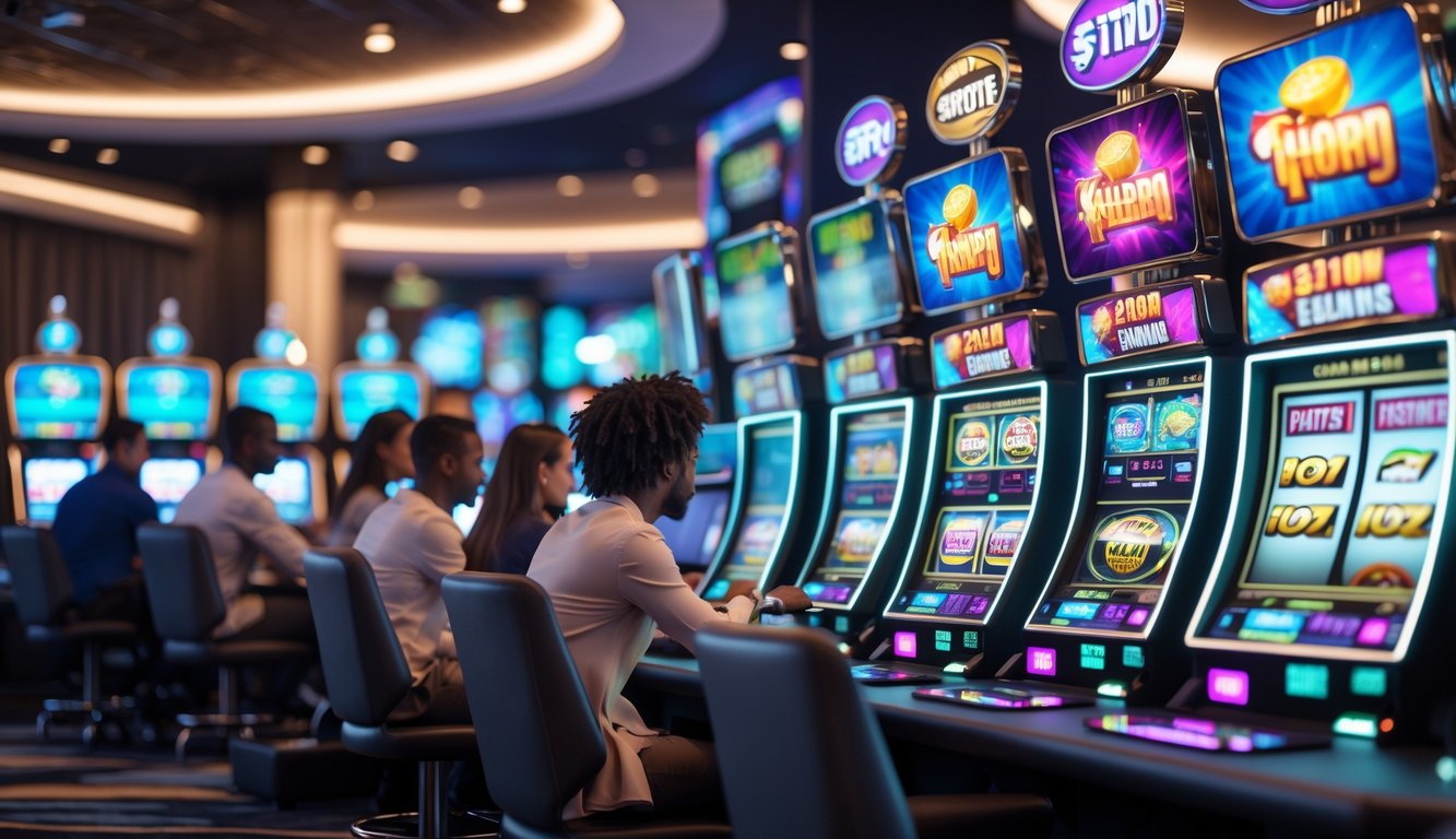 Orang-orang menggunakan mesin slot digital di ruang permainan modern dengan layar cerah dan suasana yang menyenangkan.