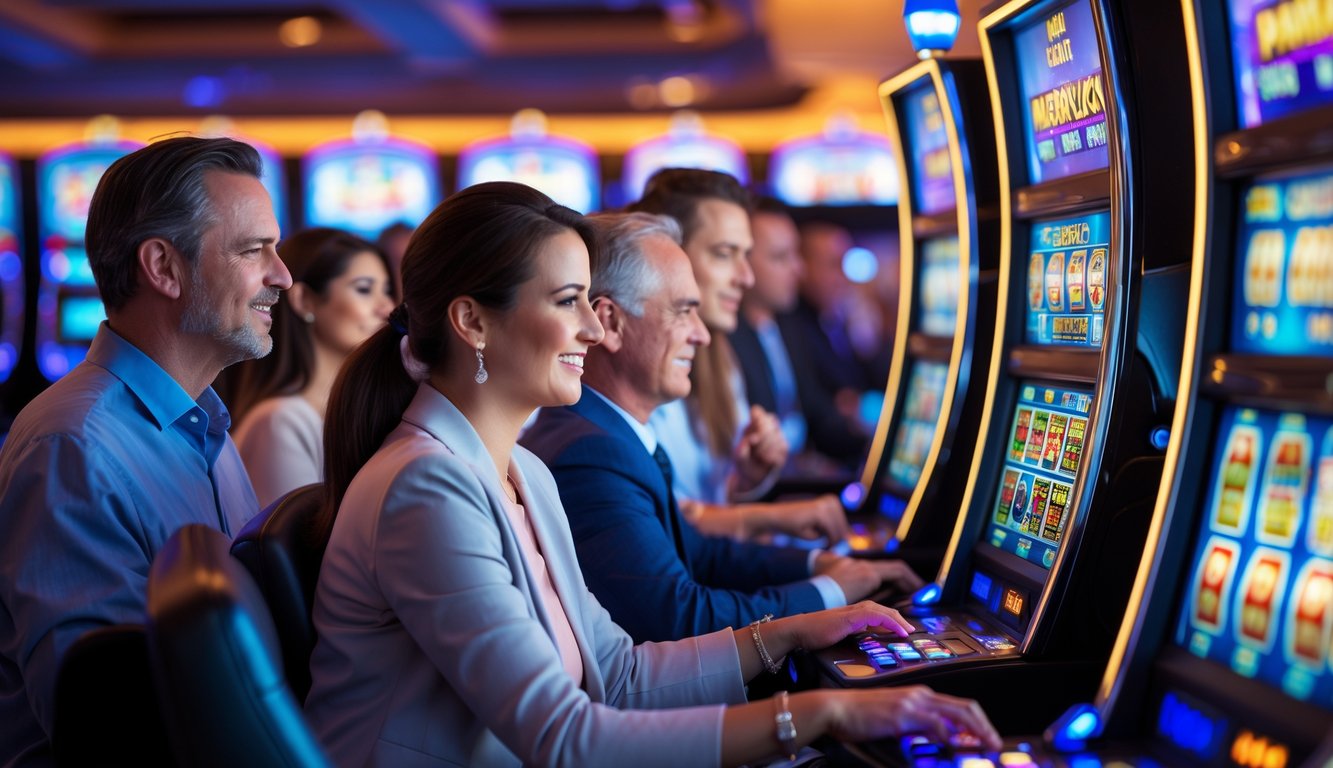 Orang-orang bermain mesin slot di kasino yang modern dan terang dengan suasana yang menyenangkan.