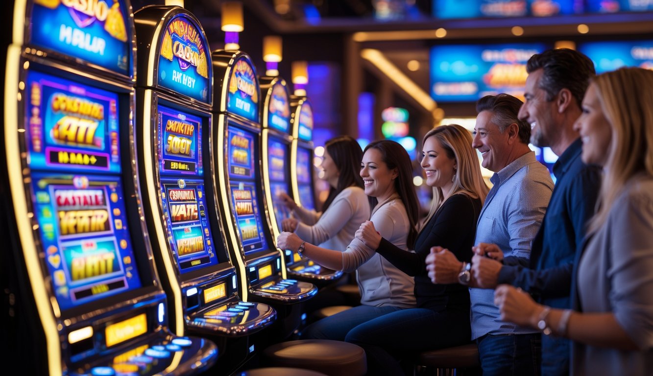 Orang-orang bermain mesin slot modern di kasino dengan suasana cerah dan ramai.