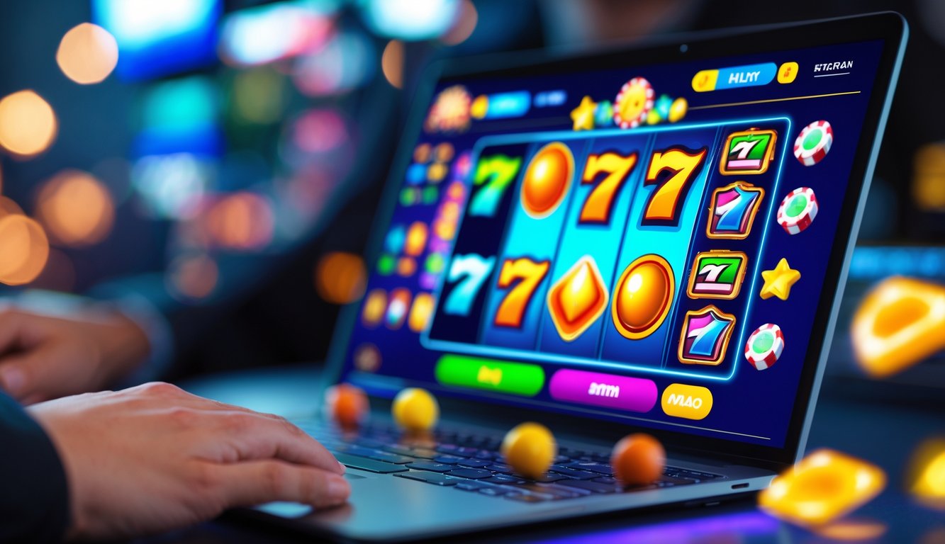 Seseorang menggunakan perangkat digital dengan tampilan permainan slot berwarna-warni di layar.
