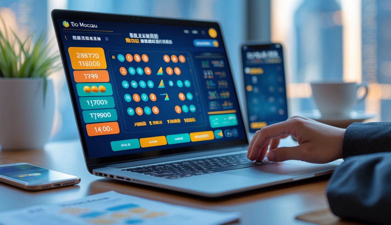 Seseorang menggunakan laptop di meja kerja dengan layar menampilkan antarmuka permainan lotere online Toto Macau.