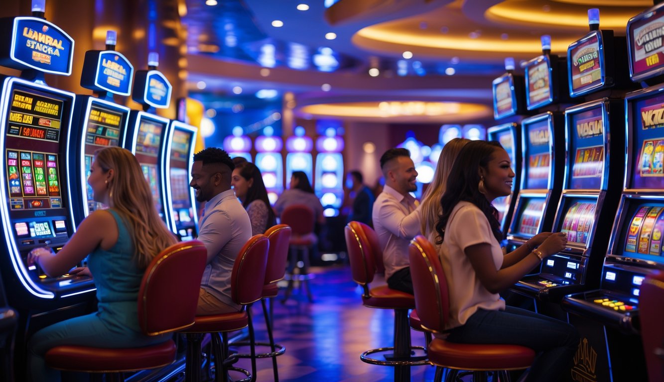 Orang-orang bermain mesin slot berwarna-warni di dalam kasino modern yang terang dan ramai.