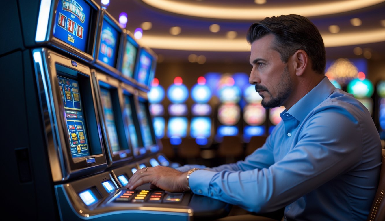 Seorang pria dewasa serius sedang duduk di depan mesin slot di dalam kasino dengan latar belakang mesin slot lainnya.