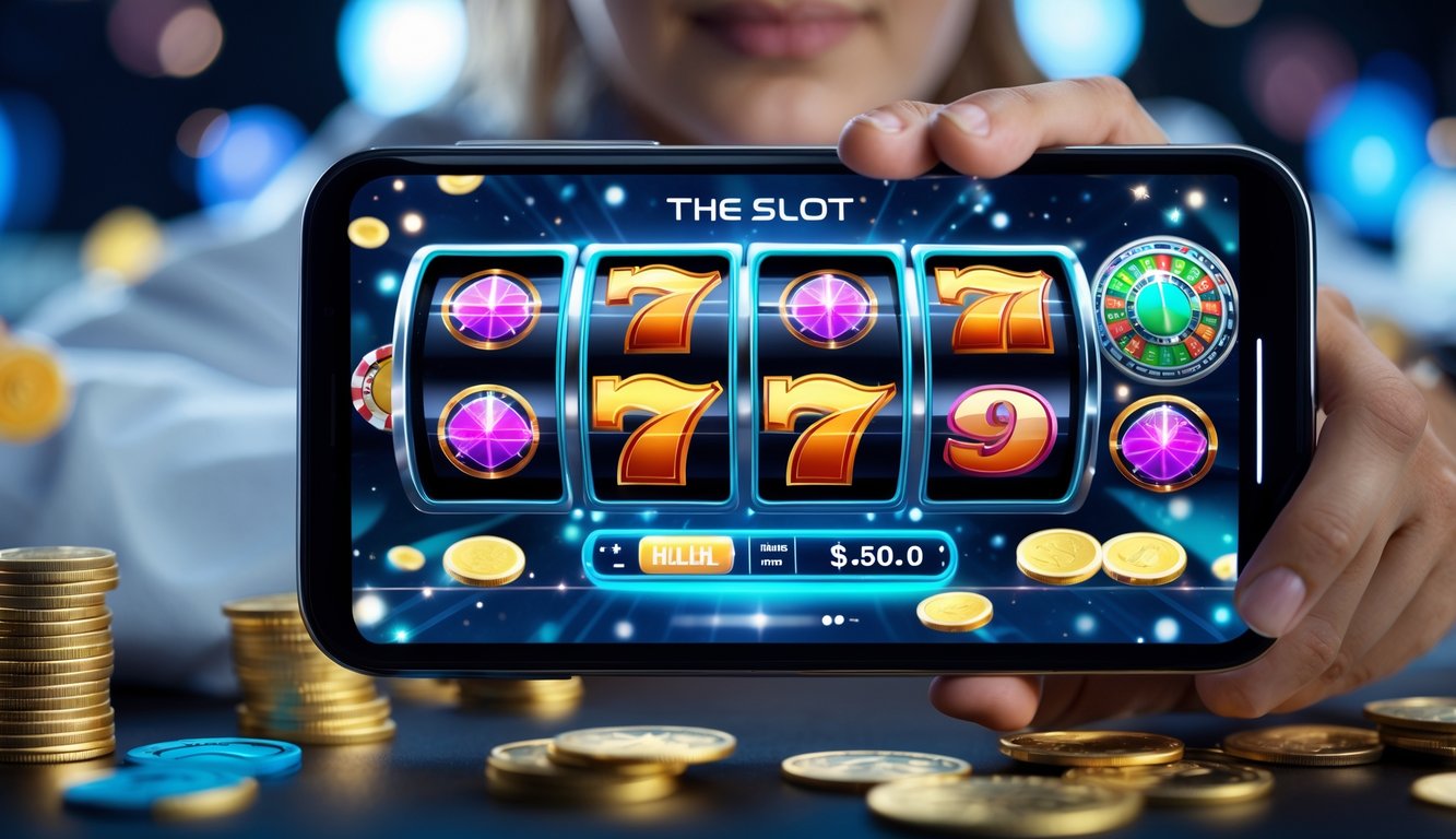 Seseorang memegang perangkat dengan tampilan mesin slot digital modern yang responsif dan mekanik permainan mutakhir.