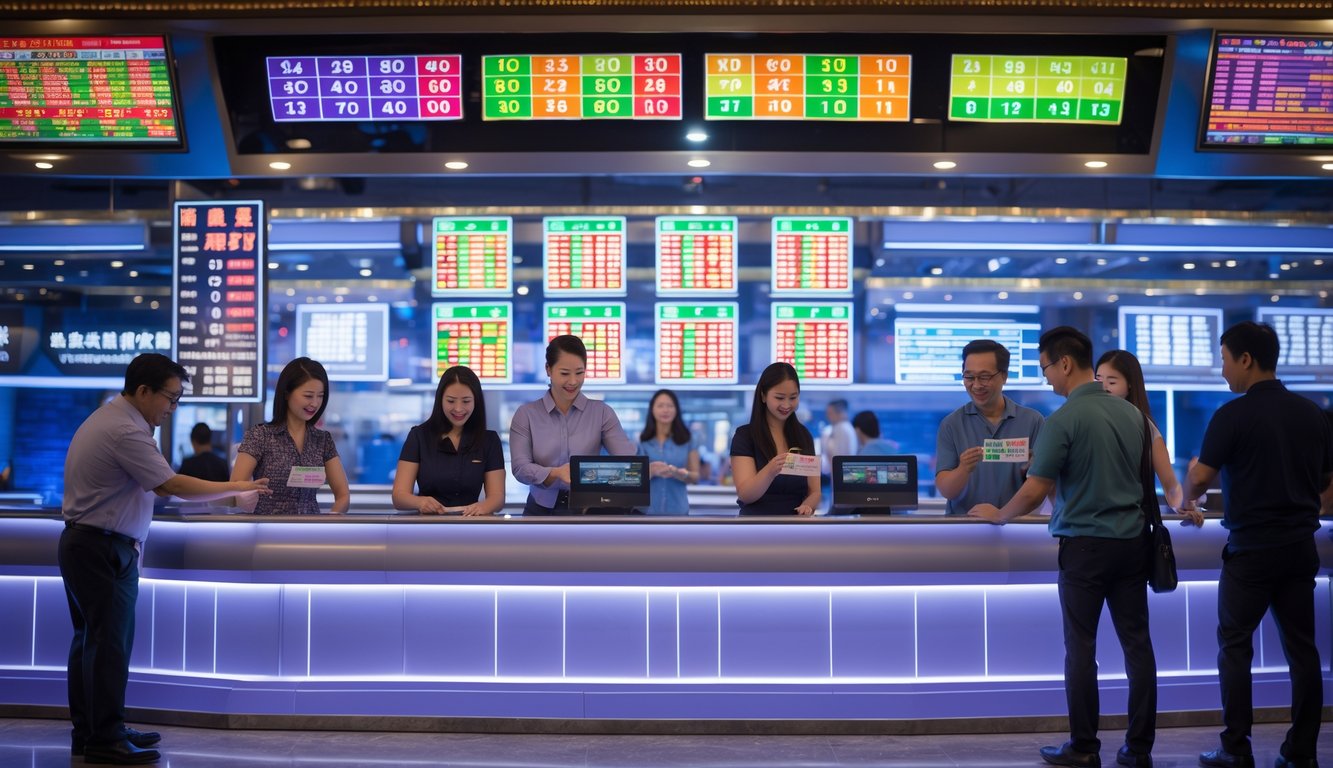 Orang-orang sedang memasang taruhan dan memeriksa tiket di sebuah konter taruhan modern dengan latar belakang kota Macau yang samar.