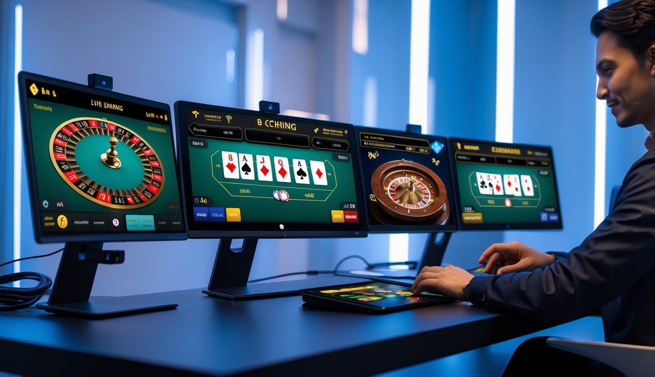 Seseorang menggunakan komputer dengan beberapa layar menampilkan meja permainan kasino langsung secara online di ruangan modern.
