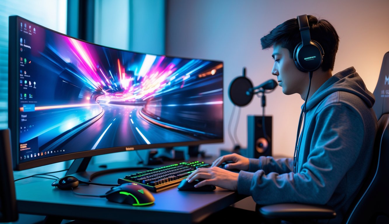 Orang sedang bermain game online dengan monitor besar dan peralatan streaming di ruangan yang terang.