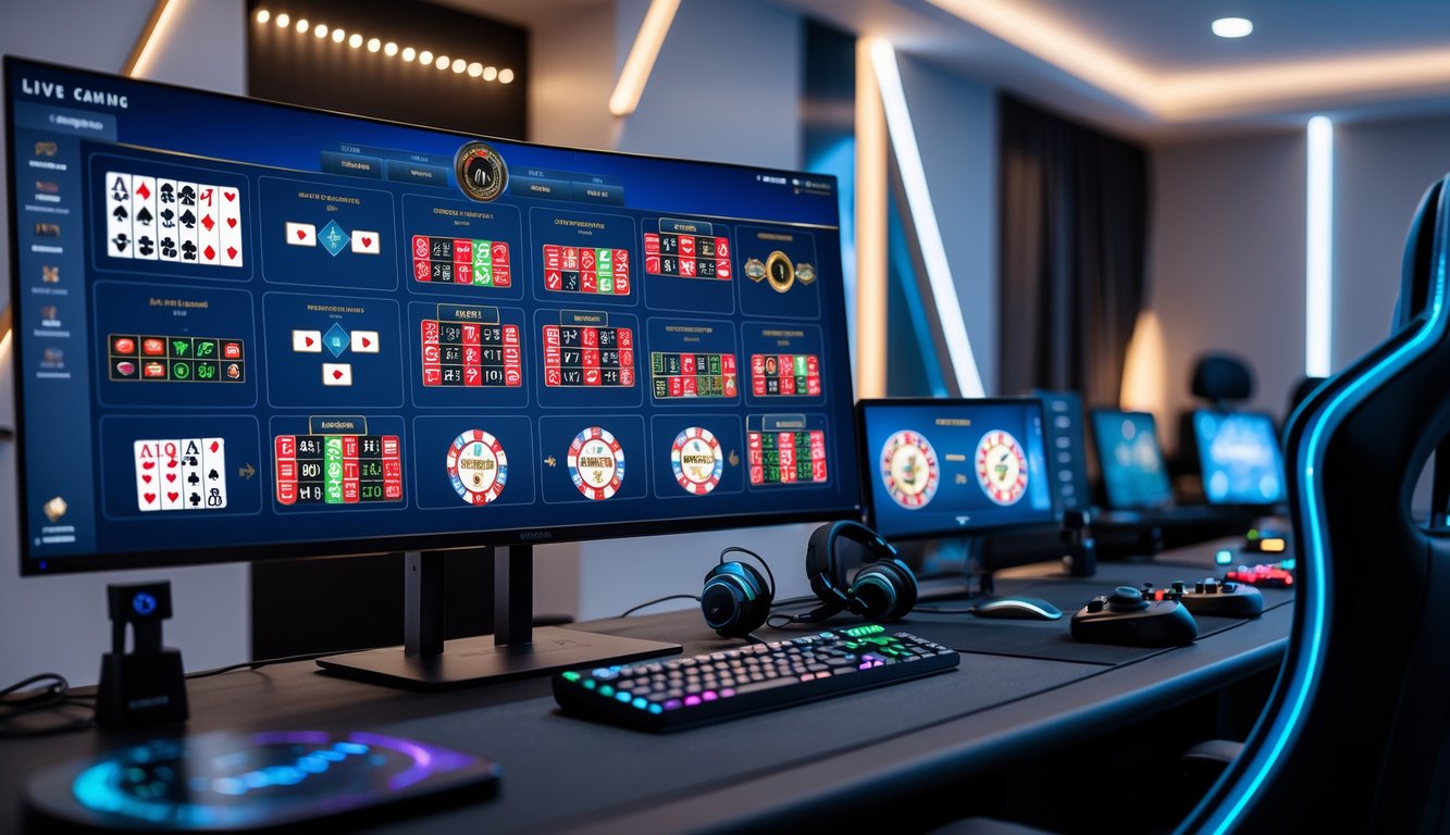 Sebuah meja gaming dengan komputer menampilkan permainan kasino langsung dengan beberapa meja kartu dan roda roulette di layar, di dalam ruangan gaming yang modern dan terang.
