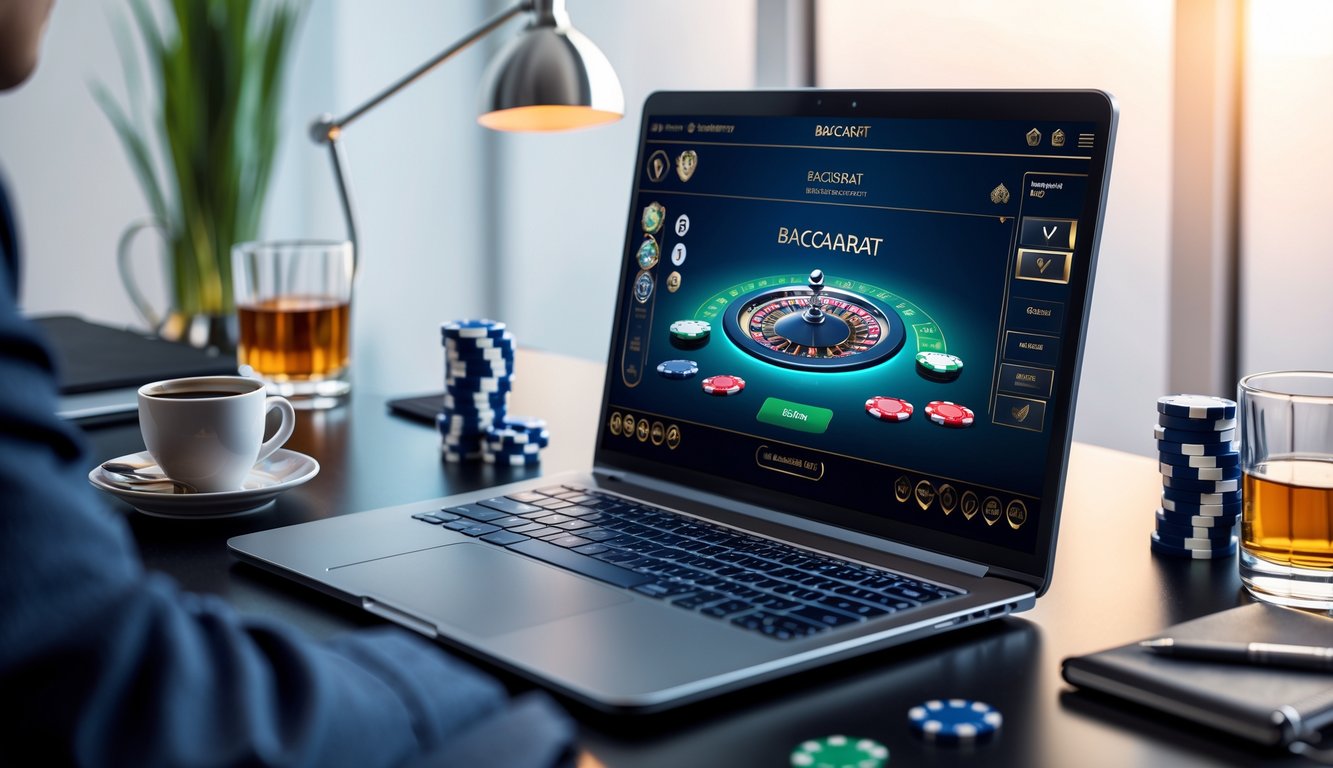 Sebuah meja kerja dengan komputer menampilkan permainan baccarat online, dikelilingi alat tulis dan minuman, suasana rapi dan profesional.
