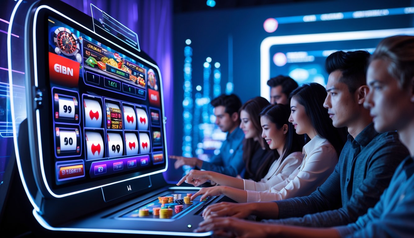 Sekelompok orang muda sedang bermain game kasino online dengan layar sentuh besar di ruangan modern yang terang dengan pencahayaan biru dan ungu.