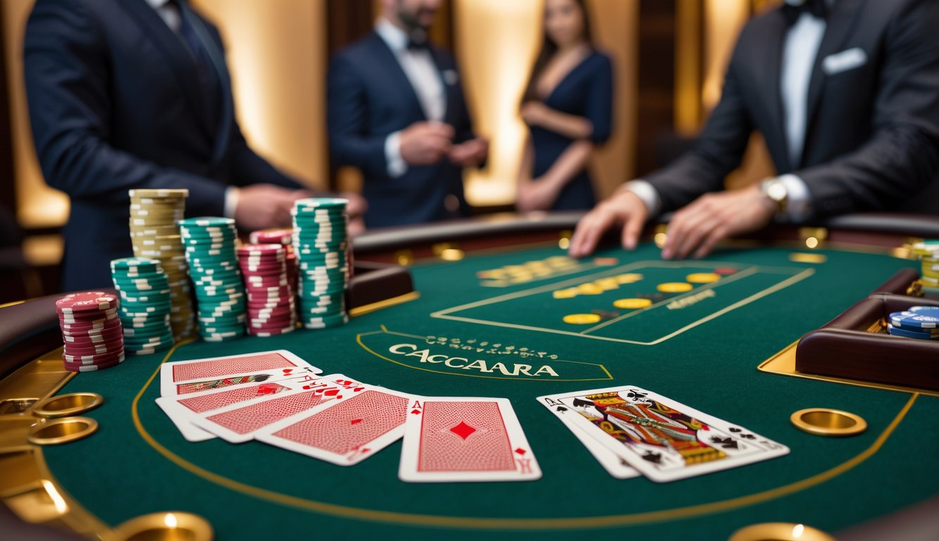 Meja baccarat di kasino dengan kartu dan chip taruhan, pemain dan dealer sedang bermain.